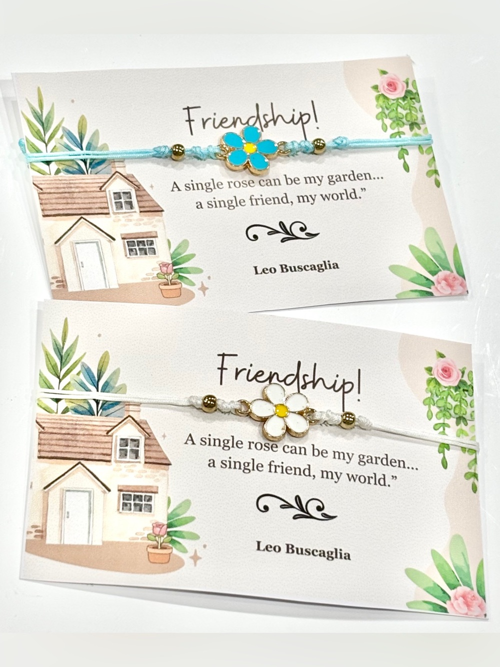 Pair of Adjustable Friendship Bracelets with Enamel Daisy Charms & Message Card